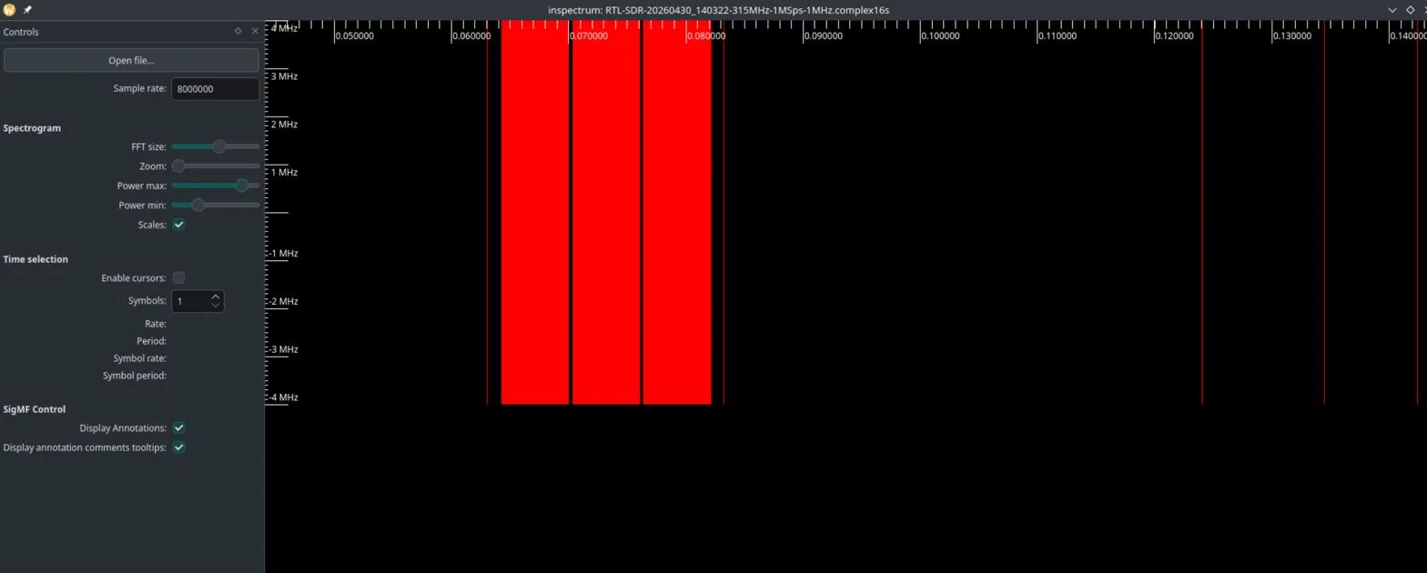 GQRX waterfall showing key fob signal burst at 315 MHz