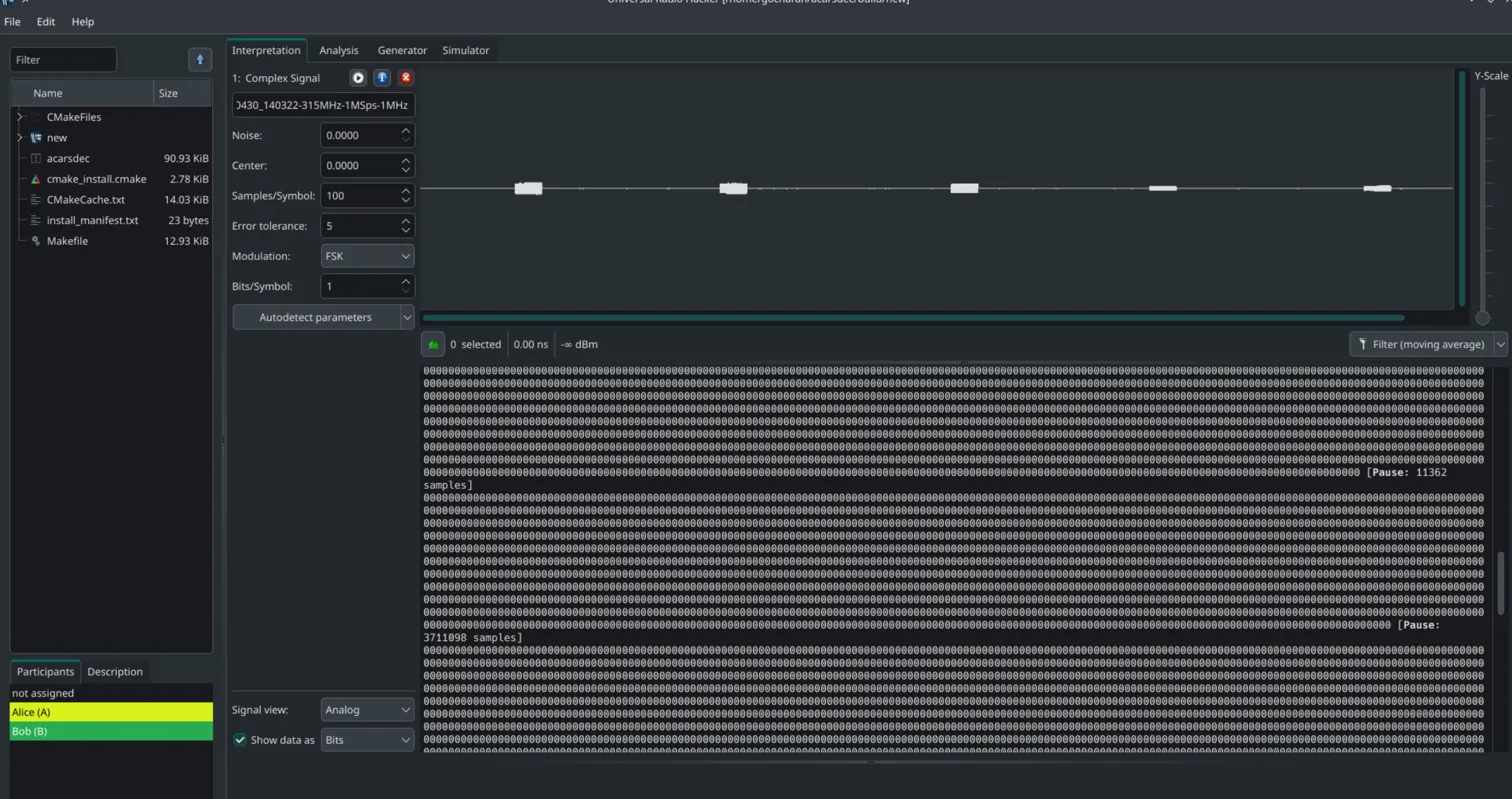 URH waveform view showing 15 captured key fob bursts